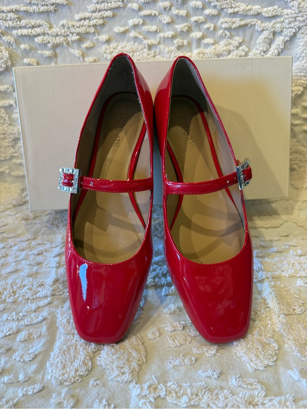 Red Patent Mary Jane Pumps with Rhinestone Buckle by ON 34 th # 662